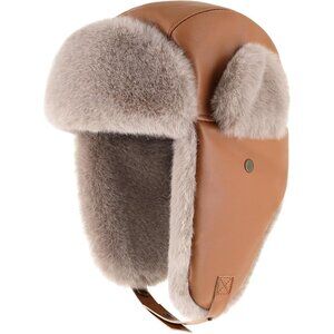 Women Camel PU Leather Trapper Hat with Faux Fur Lining Warm Aviator Hat